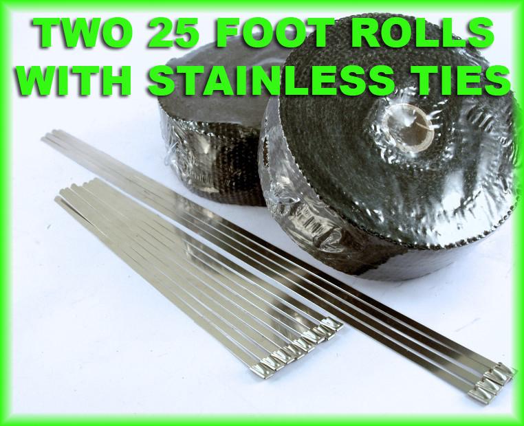 Exhaust heat header wrap w/ ties 1/16" x 2" x 25' black 2 rolls high temperature