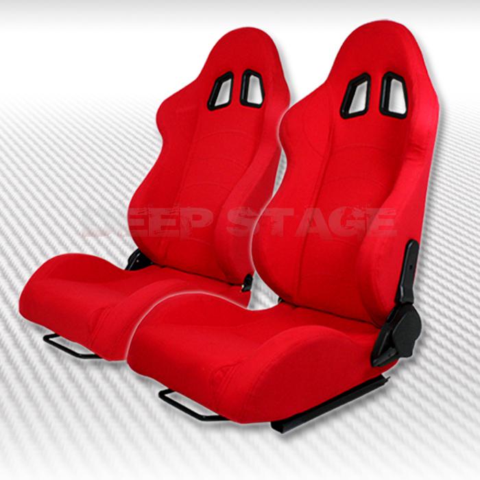 Red woven fabric canvas full reclinable type-f1 style racing seats pair+sliders