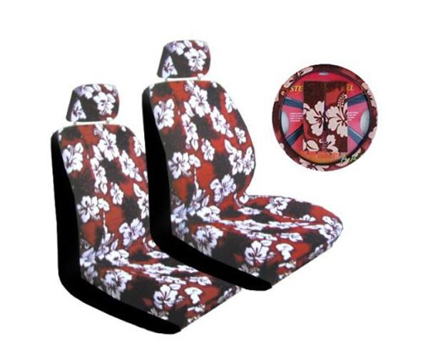 7pc red hawaiian print lowback bucket covers steering wheel cover,belt pads
