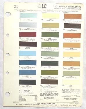 1972  lincoln  ppg  color paint chip chart all models  original