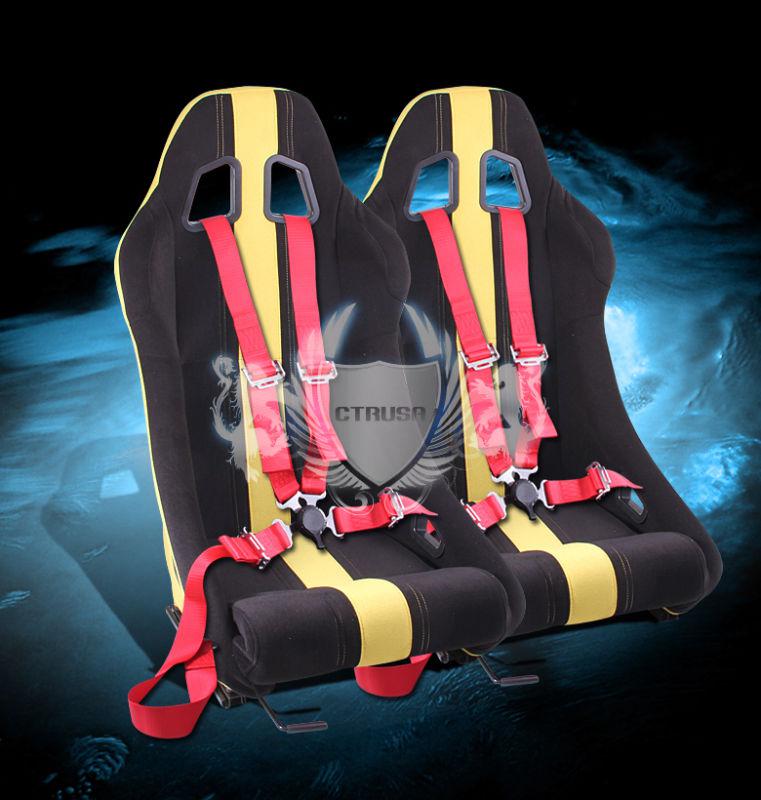 2x  black/yellow stripe fabric racing bucket seats + 4-pt red belt camlock strap