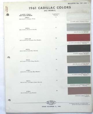1961 cadillac dupont  color paint chip chart all models original 