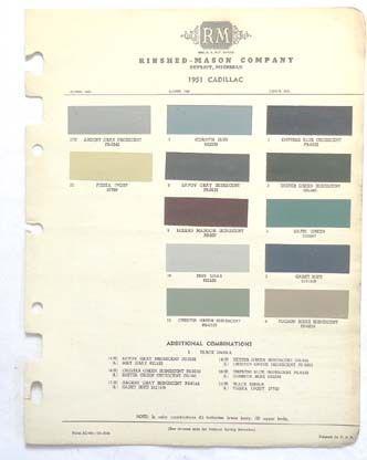  1951 cadillac r-m color paint chip chart all models original