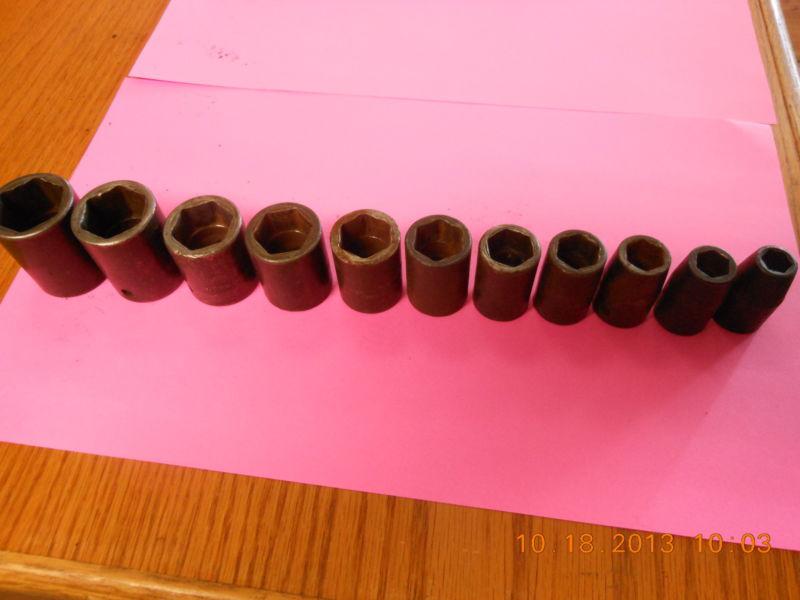 11 used snap on shallow  impact sockets  6 point 1/2" drive (3/8" to 1")