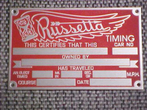 Russetta timing speed data plate acid etched 1940 -1980