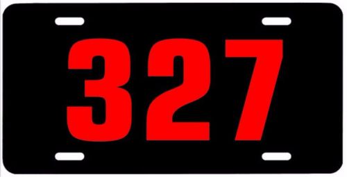 327 metal license plate, red, engine size motor chevy nova camaro ss small block