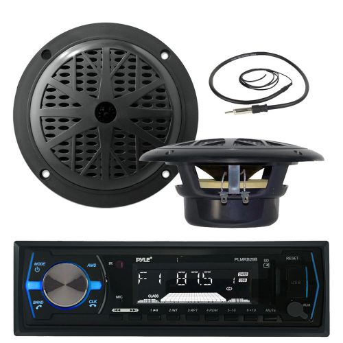 Black pyle usb 300w marine am fm radio, antenna, 6.5&#034; black 120w marine speakers