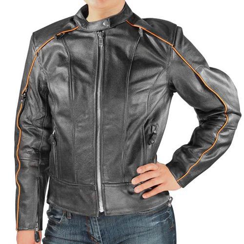 Xelement armored womens black leather orange pinstripe speedster motorcycle jac