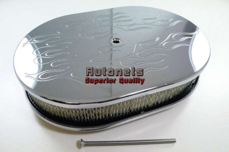 Chromed 12x2 flamed aluminum oval air cleaner universal fit breather fire