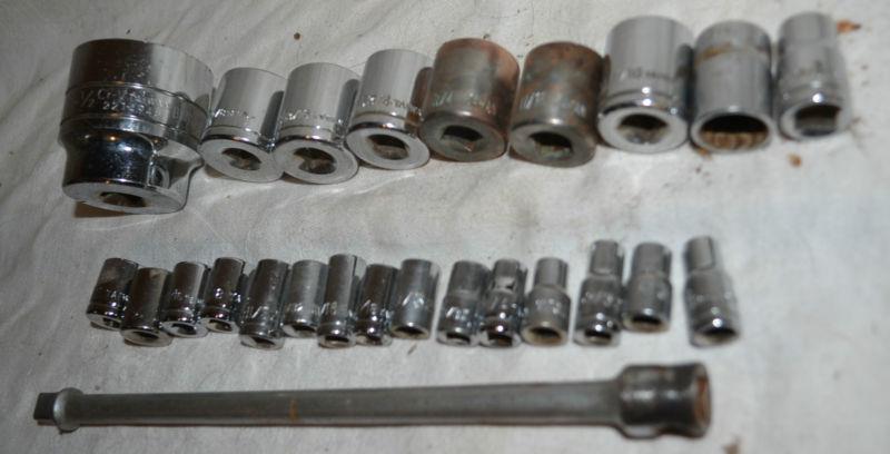 Sae 24 pc socket lot 3/16 to 1-1/2", 1/4, 3/8, 1/2 drive, see pics 