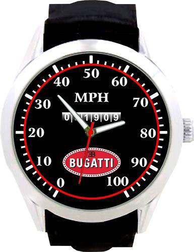Bugatti 100 mph speedometer gauge meter badge auto art black leather watch