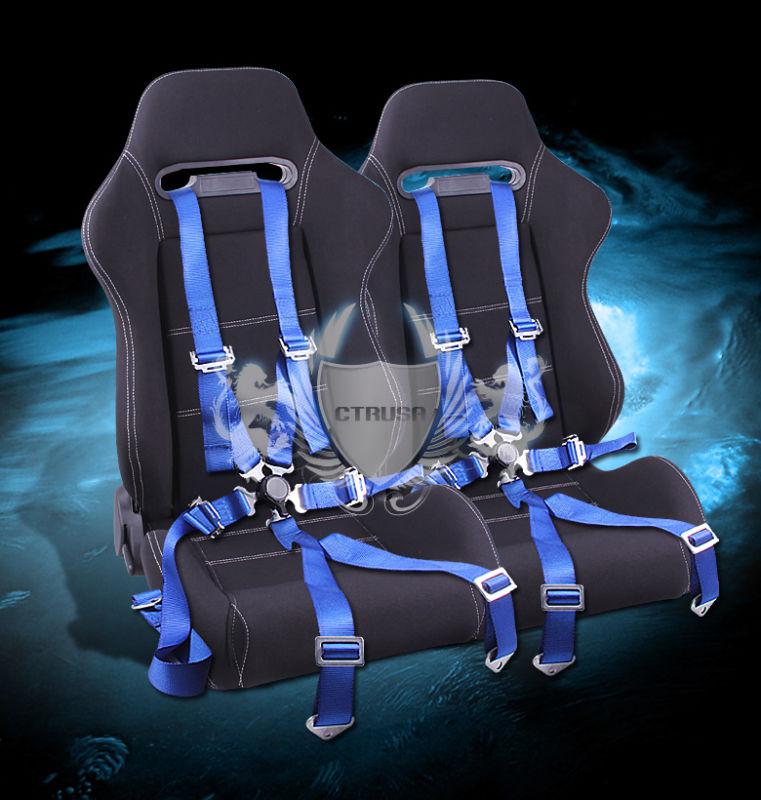 2x jdm f1 black/white stitch fabric racing seats+6-pt blue camlock safety belts