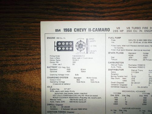 1968 chevrolet eight series chevy ii camaro models 295hp 350 ci v8 tune up chart