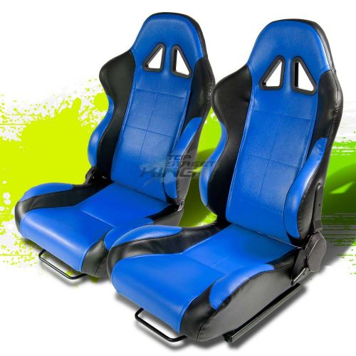 2 x blue/black pvc leather jdm sports racing seats+adjustable slider rails set