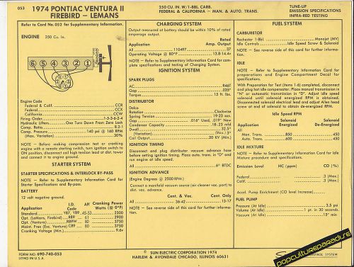 1974 pontiac ventura ii/firebird/le mans 250 ci car sun electronic spec sheet