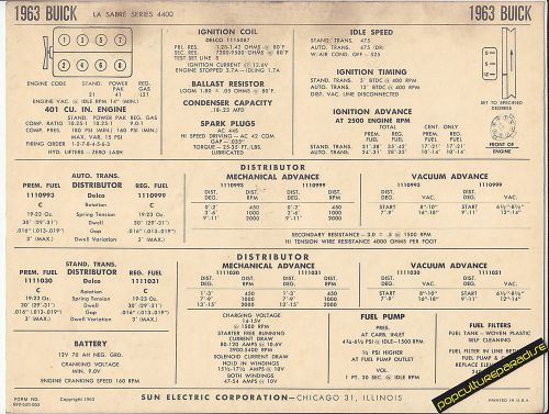 1963 buick le sabre series 4400 401 ci v8 engine car sun electronic spec sheet