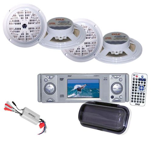 Pyle boat am fm aux dvd player,antenna,amp,8&#034; boat subwoofer,8x blk speakers