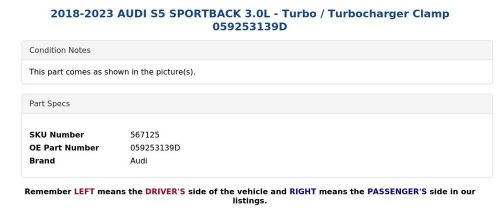 2018-2023 AUDI S5 SPORTBACK 3.0L - Turbo / Turbocharger Clamp 059253139D, US $16.99, image 3