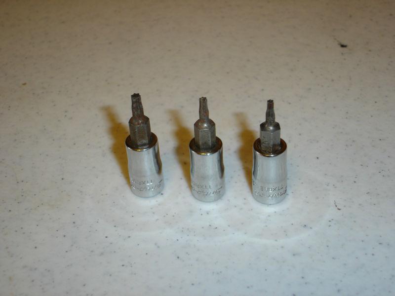 Three snap-on tools 1/4 drive  chrome torx bit sockets sizes t15, t10, &  t8