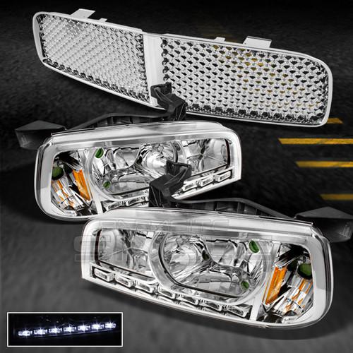 06-10 charger 2in1 crystal drl led headlights w/corner+chrome front mesh grille