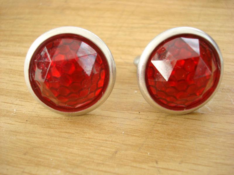 2 vintage jewel domed red reflectors, license plate topper, plate fastener