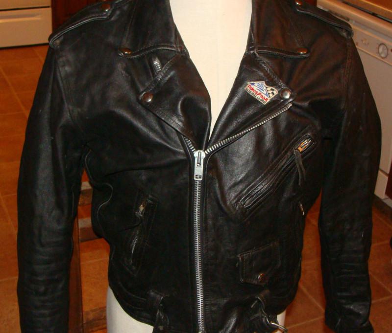 Mens large 42 black leather motorcycle jacket classic biker style & cut see pix