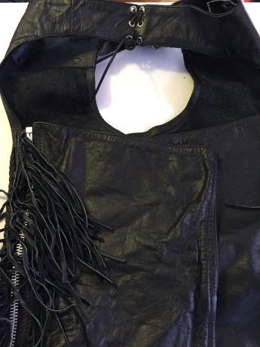 Mens unik leather collection black leather chaps size l. fringe