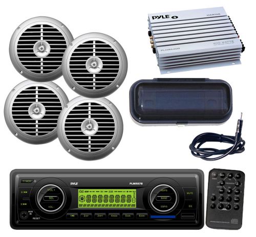 Marine car weather band aux usb sd radio+4 silver 6.5&#034;speakers,antenna,amp,cover