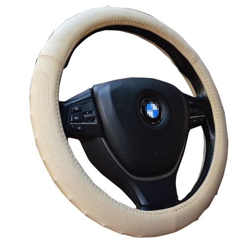Beige synthetic leather steering wheel cover 38cm for genuine sports auto grip