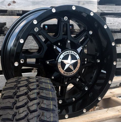18&#034; black lonestar outlaw wheels 33x12.50&#034; mt tires jeep wrangler 5x139.7 18x9