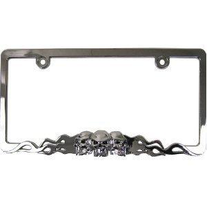 New metal chrome skulls in flames auto license plate frame