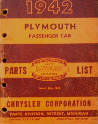 Original 1942 plymouth passenger car parts list mopar catalog chrysler auto pb