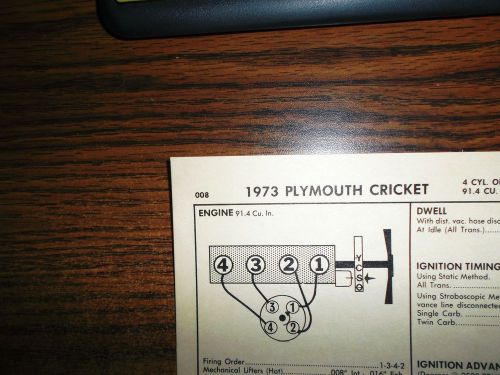 1973 plymouth cricket four series models ohv 91.4 (1500cc) l4 tune up chart