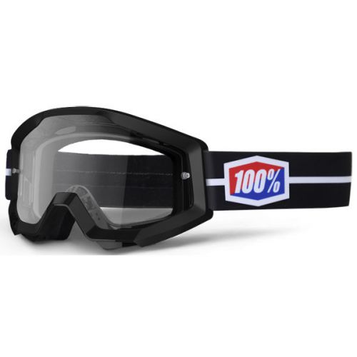 New 100% adult mx atv race black suit strata goggles white blue with clear lens