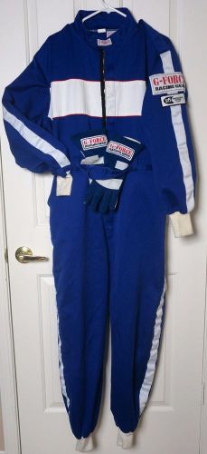 G-force racing gear driving suit + leather gloves ~large ~blue white ~sfi cotton