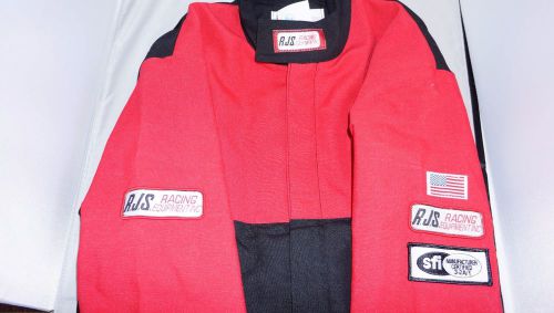 Rjs race suit and helmet size large, neck brace, flame retardant head wraps.