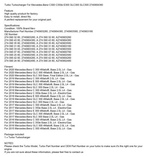 Turbo Turbocharger For Mercedes-Benz C300 C350e E300 GLC300 SLC300 2740904380 04, US $700.64, image 9