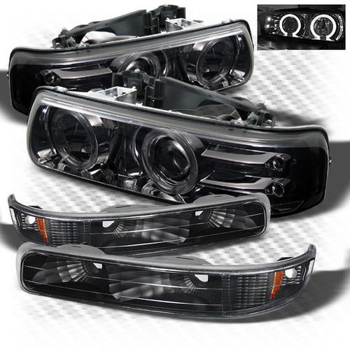 00-06 tahoe/suburban halo smoked projector headlights + black bumper lights set