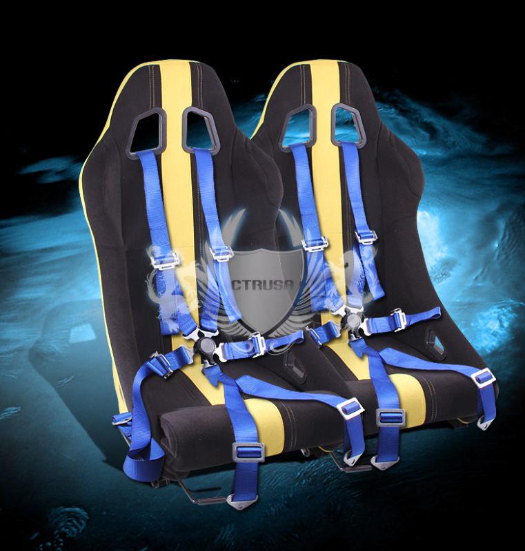 2x blk/yellow stripe stitch fabric racing bucket seat+6-pt blue belt camlock new