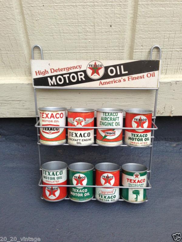 Texaco motor oil can display rack garage auto shop gas station pump gulf sign 