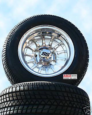Golf cart wheel and tire polished shiny combo free lugs center caps set of 4