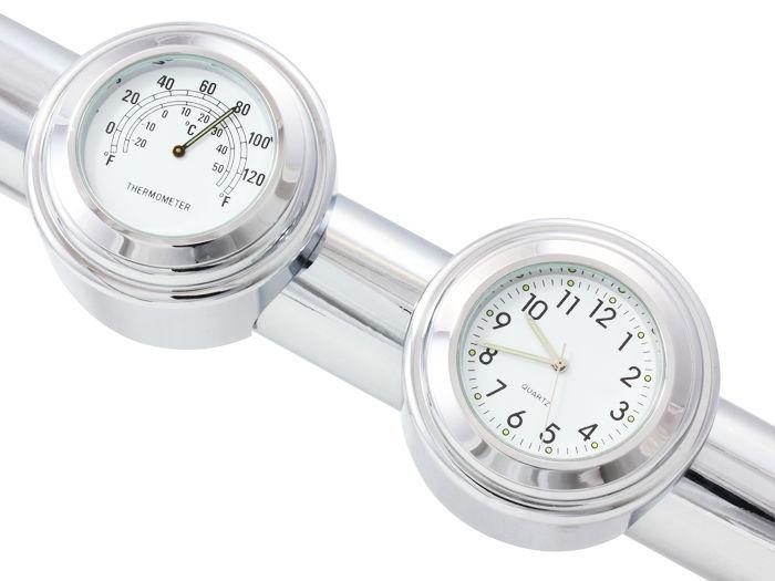 7/8" 1" handlebar chrome white dial clock temp thermometer for harley chopper