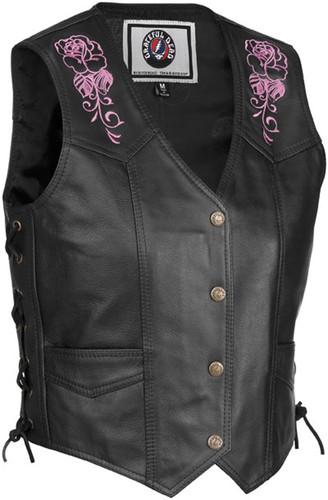 River road grateful dead steal your face womens leather vest,pink/black,large/lg