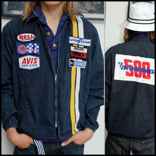 Rare men's vtg 70s race car racing jacket goodyear bell helmet ford patches, m