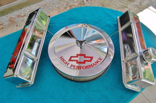 *350 sbc tall "chevrolet high performance"chrome valve covers &amp; air cleaner*