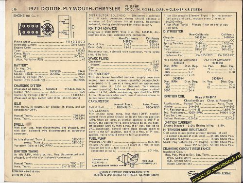 1971 dodge-plymouth-chrysler 383 ci/ 275 hp engine car sun electronic spec sheet