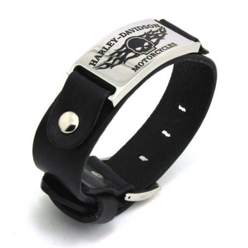 Bracetelet harley skull silkscreened in black leather