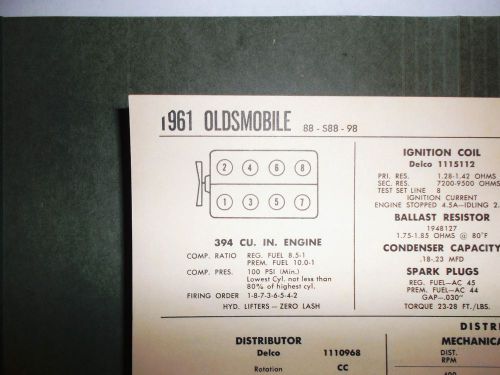 1961 oldsmobile eight series 88, s88 &amp; 98 models 394 cubic inch v8 tune up chart