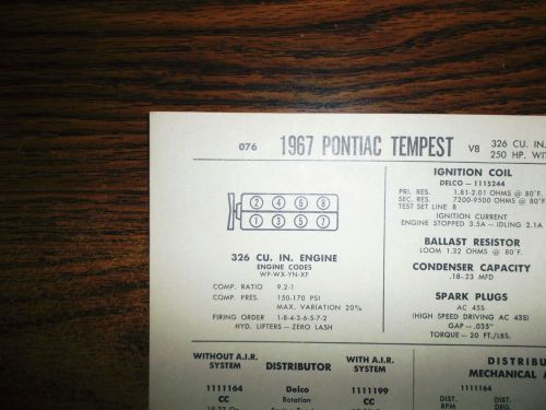 1967 pontiac tempest eight series models 326 ci v8 2bbl tune up chart