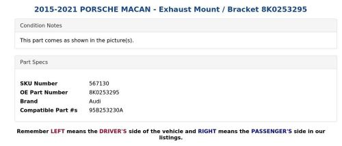 2015-2021 PORSCHE MACAN - Exhaust Mount / Bracket 8K0253295, US $19.99, image 3